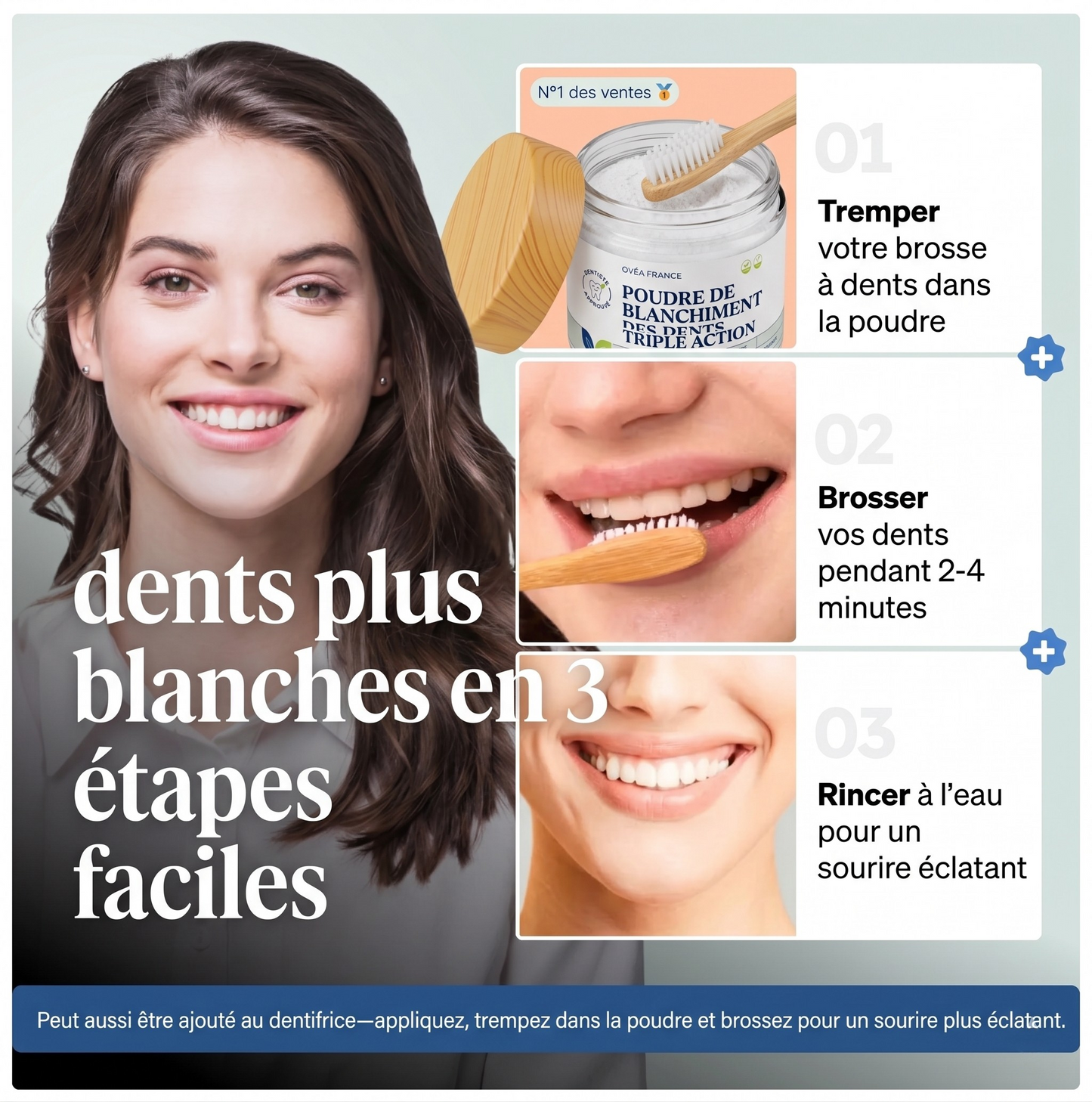 Poudre de blanchiment des dents triple action