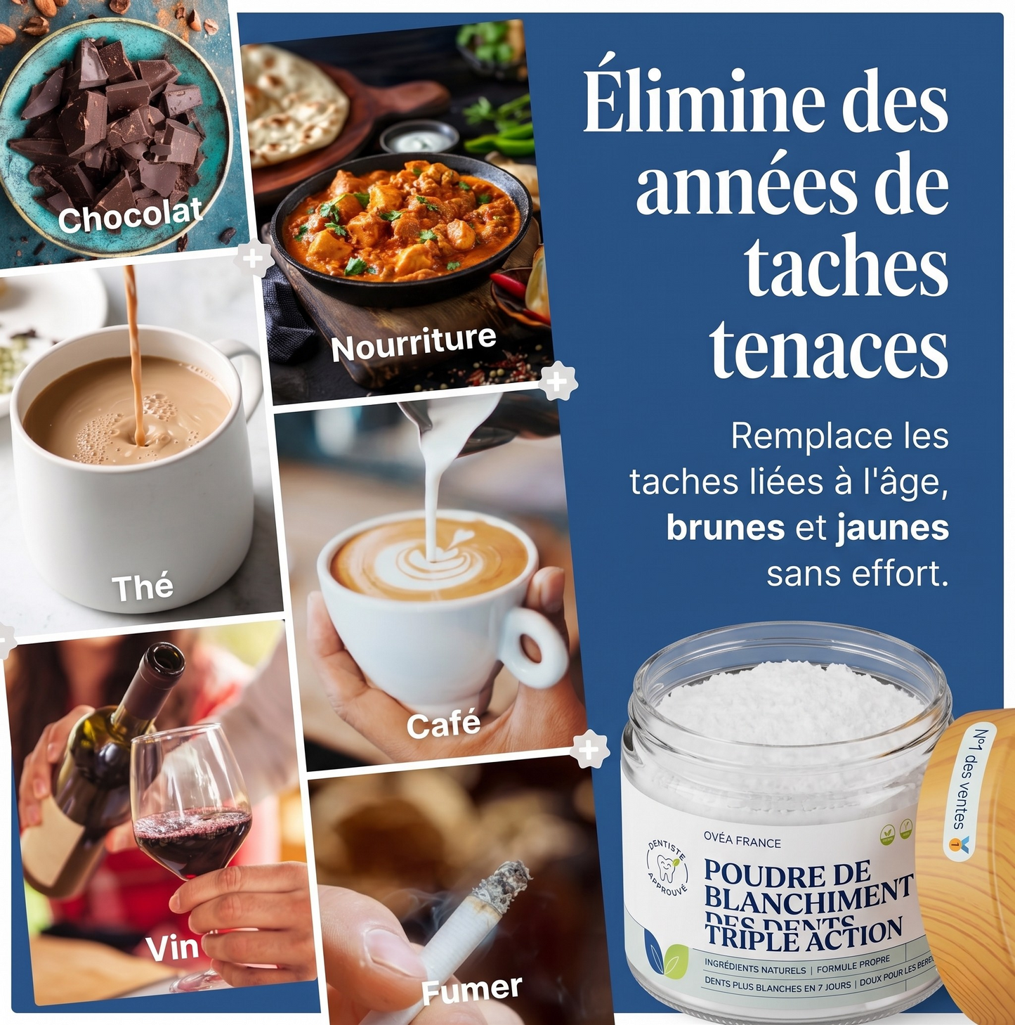 Poudre de blanchiment des dents triple action